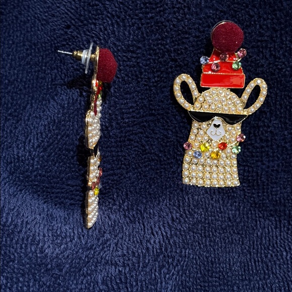 Gold and Red Llama Christmas Earrings - Picture 3 of 5